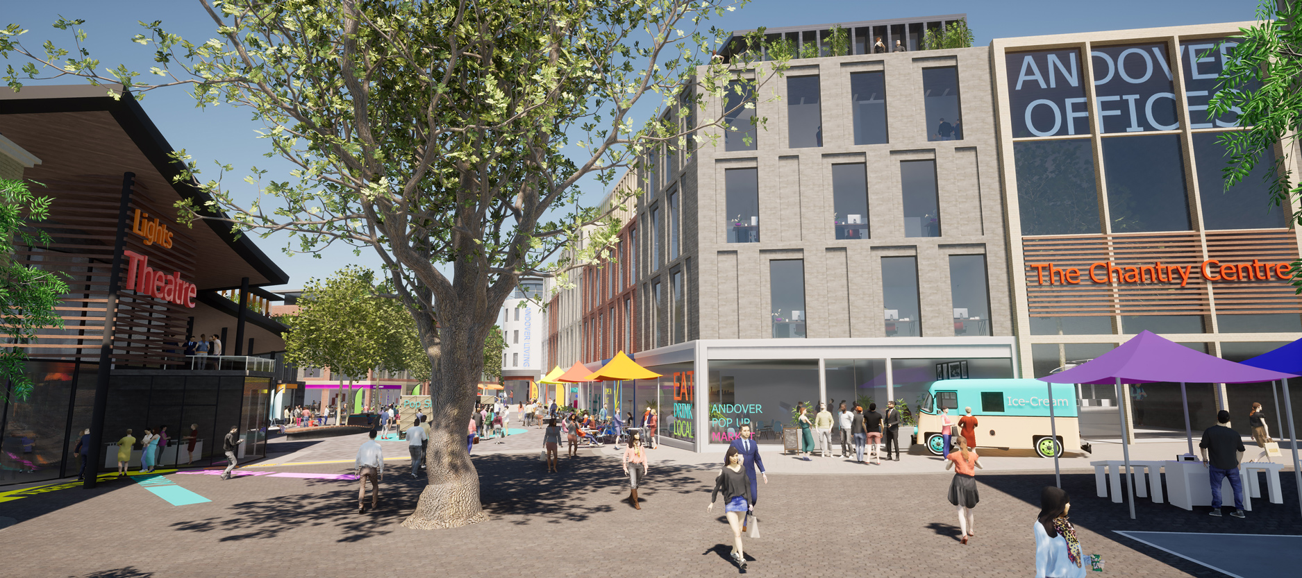 Replacing the Chantry Centre allows for new streets and spaces including the new Lights Theatre, shops and restaurants with residential and office at upper levels to support