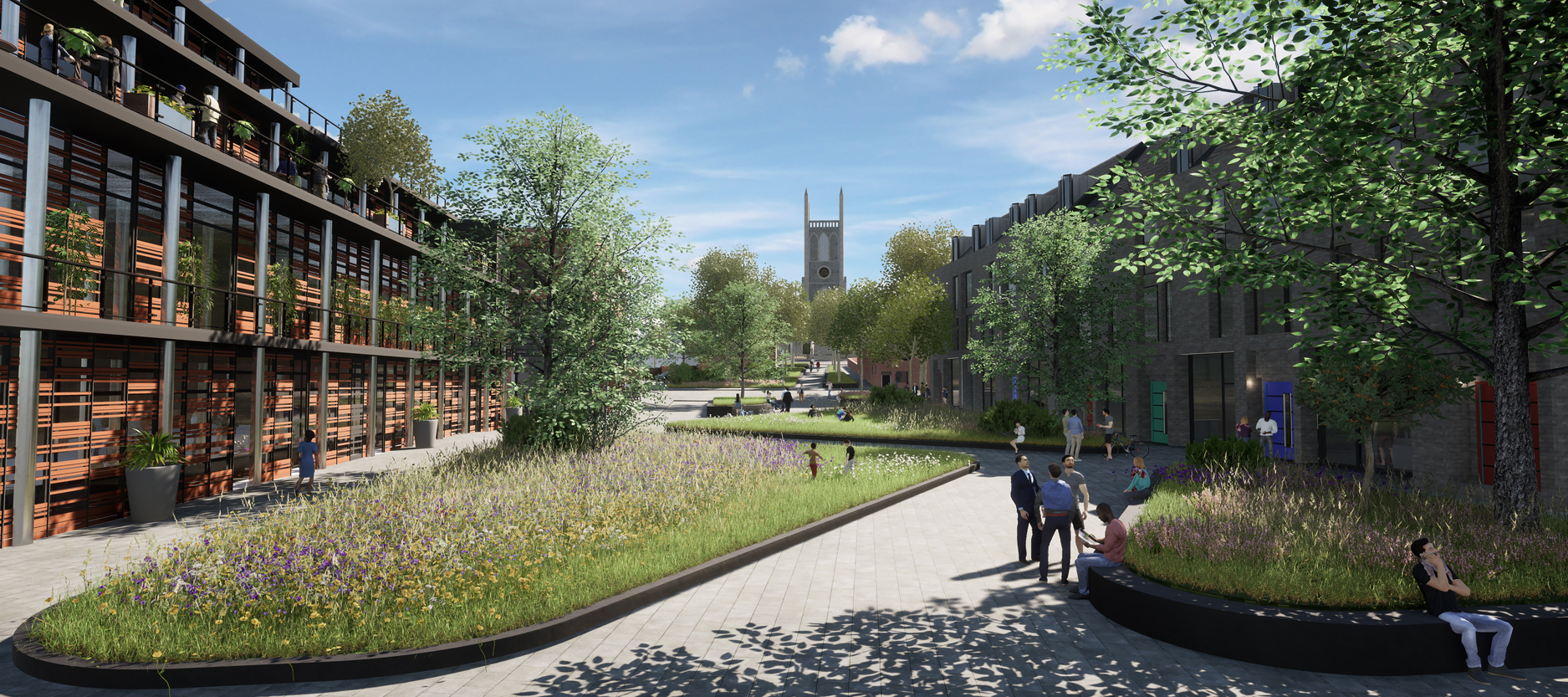 The Well-being Quarter provides space for an enhanced college and green to support leisure as well as improving views and connections through to St. Mary's Church and Vigo Park